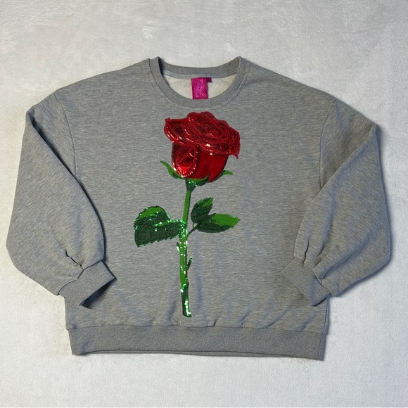 Queen Of Sparkles Heather Grey velvet Sequins Mega Rose Oversized Sweatshirt - Picture 2 of 13